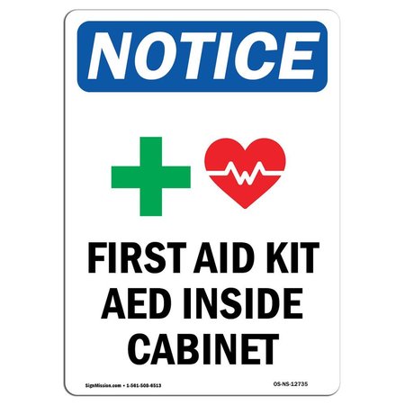 Safety Sign, OSHA Notice, 18 Height, Rigid Plastic, First Aid Kit AED Sign With Symbol, Portrait